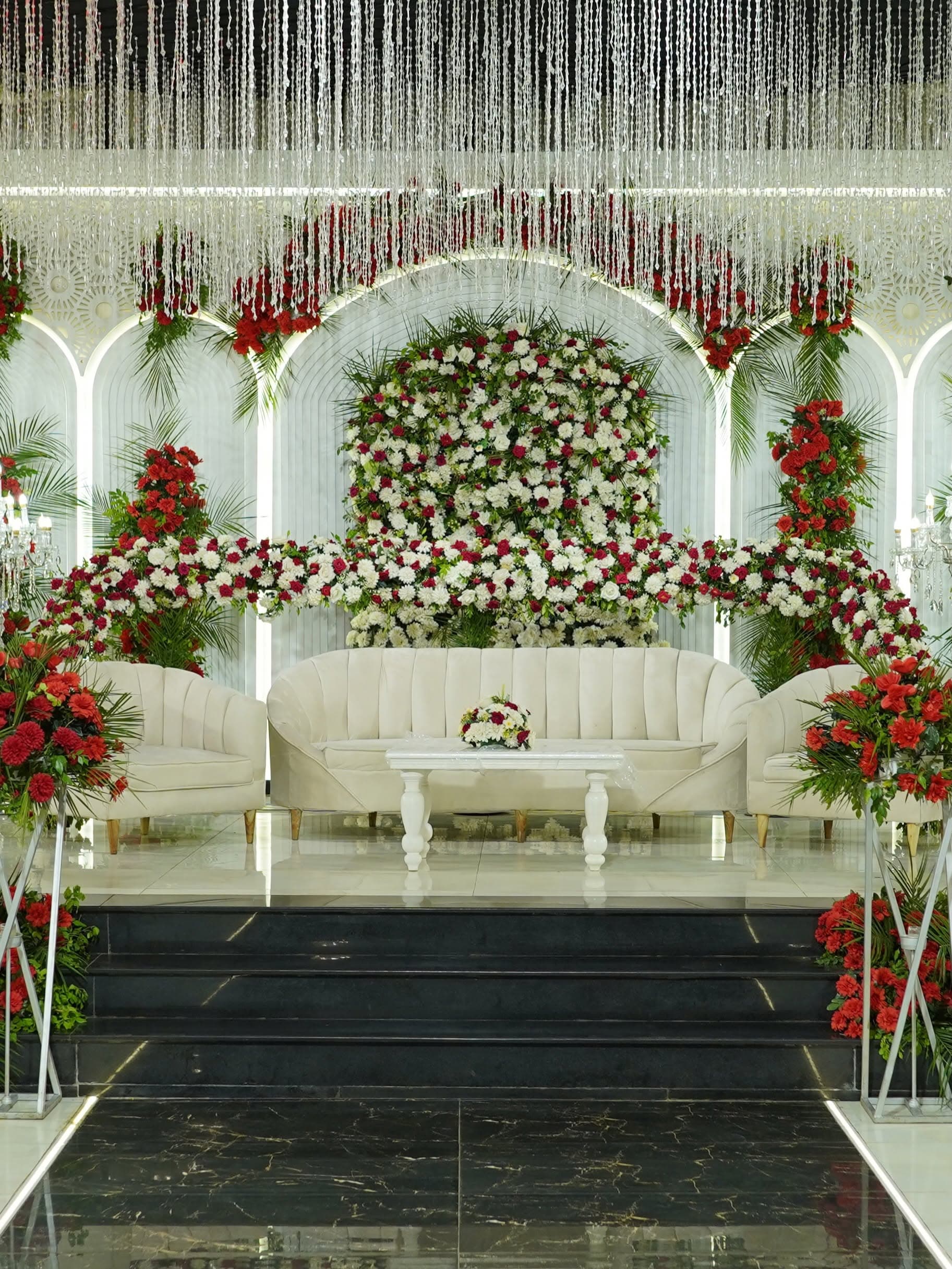 Elegant floral stage with seating